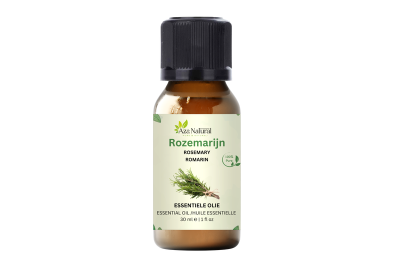Rosmarinöl 30 ml von Aza Natural, Fläschchen aus braunem Glas mit schwarzem Deckel und einem Etikett mit Rosmarinzweig