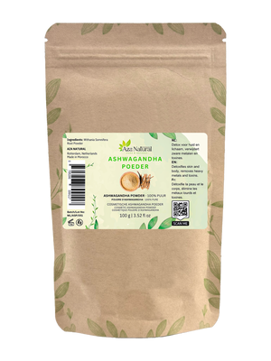Zak ashwagandha poeder van Aza Natural, 100 gram, kraftpapier met rits en een etiket met beige poeder en ashwagandhawortel