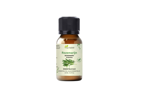 Flacon d’huile essentielle de romarin d’Aza Natural, 10 ml, verre brun, bouchon noir, étiquette avec un brin de romarin