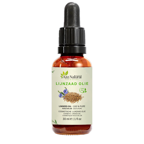 Flacon d’huile de lin Aza Natural, 30 ml, verre foncé avec pipette, étiquette avec graines de lin et fleurs de lin bleues