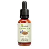 Flacon d’huile de lin Aza Natural, 30 ml, verre foncé avec pipette, étiquette avec graines de lin et fleurs de lin bleues