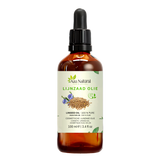Huile de lin 100 ml Aza Natural, flacon en verre foncé avec pipette, étiquette avec graines de lin et fleurs de lin bleues