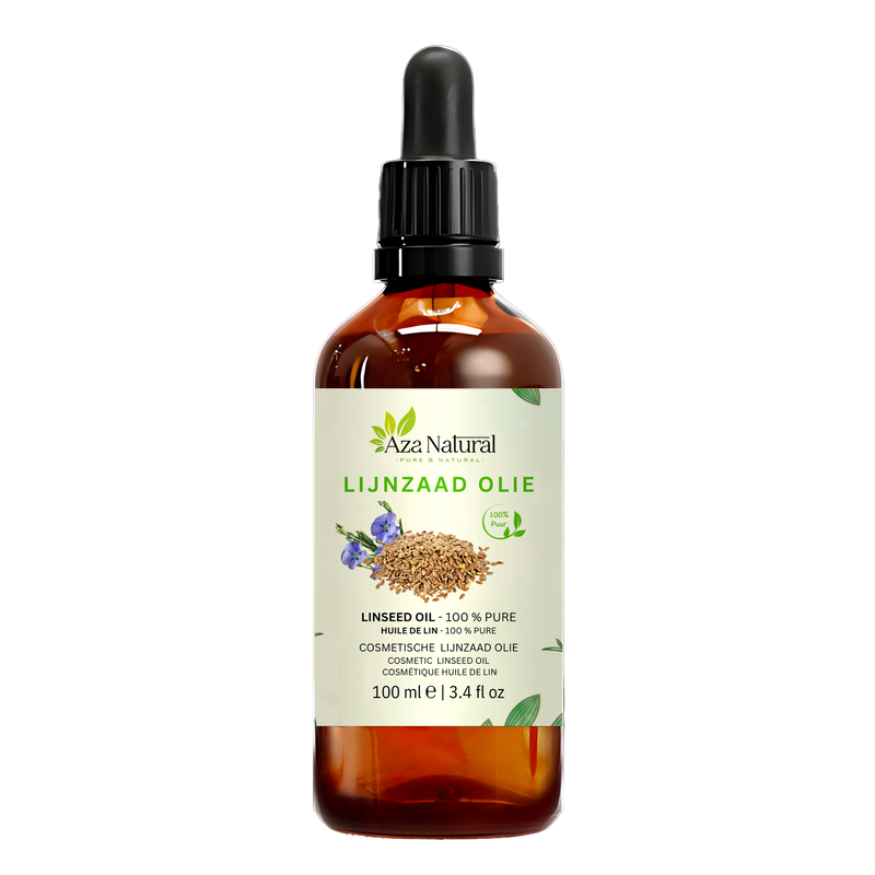 Lijnzaad olie 100 ml van Aza Natural, fles van donker glas met pipet en een etiket met lijnzaad en blauwe vlasbloemen