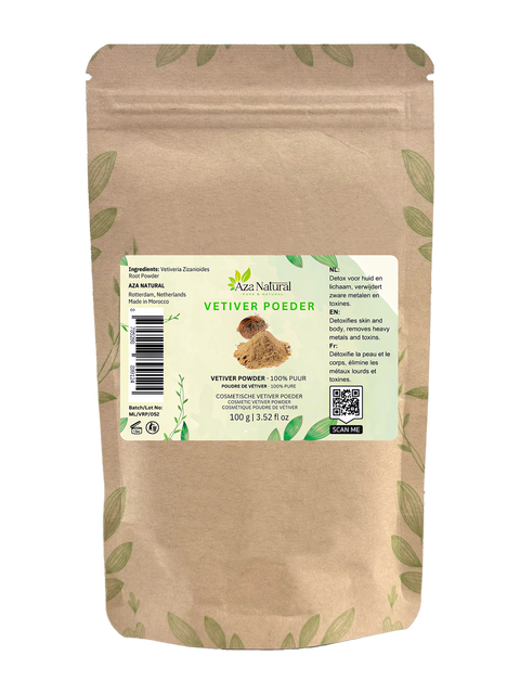 Beutel Vetiverpulver von Aza Natural, 100 g, Kraftbeutel mit Etikett mit einem Bündel Vetiverwurzel und hellbraunem Pulver