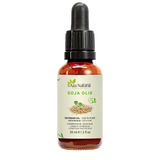 Flacon d’huile de soja Aza Natural, 30 ml, verre foncé avec pipette et une étiquette avec un petit tas de graines de soja