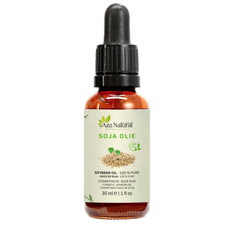 Fles sojaolie van Aza Natural, 30 ml, donker glas met pipet en een etiket met een hoopje sojabonen