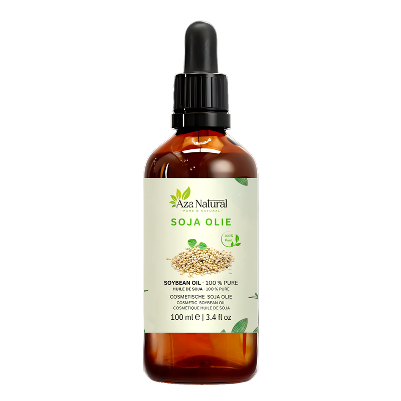 Sojaolie 100 ml van Aza Natural, fles van donker glas met pipet en een etiket met een hoopje sojabonen en een groen blaadje