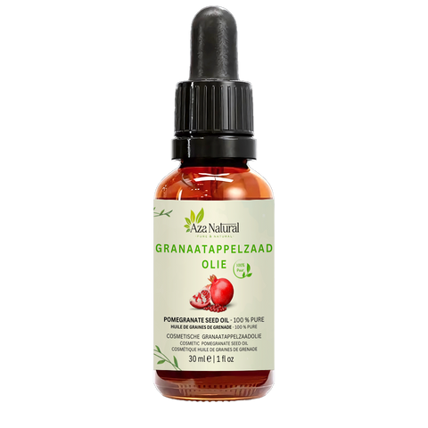 Fles granaatappelzaad olie van Aza Natural, 30 ml, donker glas met pipet en een etiket met een granaatappel en pitten