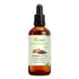 Chiazaadolie 100 ml van Aza Natural, fles van donker glas met pipet en een etiket met een hoopje chiazaadjes