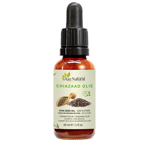 Fles chiazaadolie van Aza Natural, 30 ml, donker glas met pipet en een etiket met chiazaadjes en een houten schepje