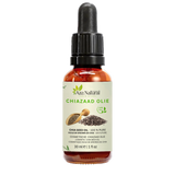 Fles chiazaadolie van Aza Natural, 30 ml, donker glas met pipet en een etiket met chiazaadjes en een houten schepje