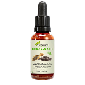 Fles chiazaadolie van Aza Natural, 30 ml, donker glas met pipet en een etiket met chiazaadjes en een houten schepje