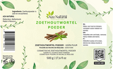 Etiket van zoethoutwortel poeder 500 gram van Aza Natural, met tekening van stokjes zoethoutwortel en QR-code