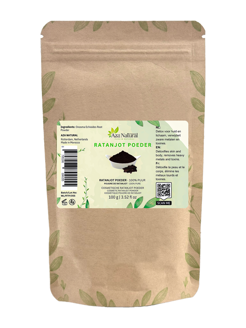 Beutel Ratanjot-Pulver von Aza Natural, 100 Gramm, Kraftbeutel mit Zip, Etikett mit einem Schälchen dunkelrotem Wurzelpulver