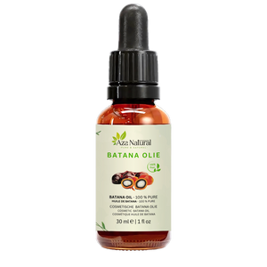 Fles batanaolie van Aza Natural, 30 ml, donker glas met pipet en een etiket met palmvruchten
