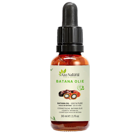 Fles batanaolie van Aza Natural, 30 ml, donker glas met pipet en een etiket met palmvruchten