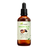 Huile d’argan 100 ml Aza Natural, flacon en verre foncé avec pipette et étiquette avec des fruits d’arganier