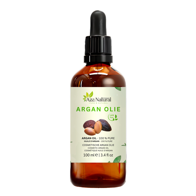 Arganolie 100 ml van Aza Natural, fles van donker glas met pipet en een etiket met arganvruchten