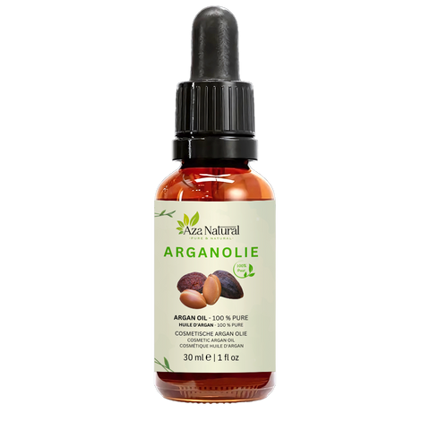 Fles arganolie van Aza Natural, 30 ml, donker glas met pipet en een etiket met arganvruchten en kernen
