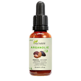 Flacon d’huile d’argan Aza Natural, 30 ml, verre foncé avec pipette, étiquette avec des fruits d’arganier et des amandons