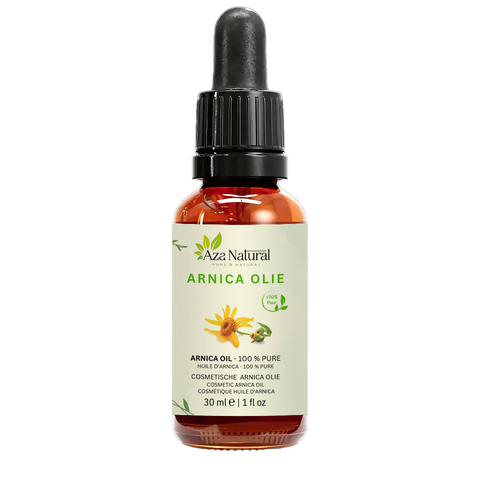 Fles arnica olie van Aza Natural, 30 ml, donker glas met pipet en een etiket met een gele arnicabloem