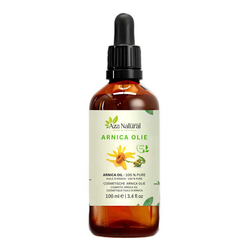 Arnica olie 100 ml van Aza Natural, fles van donker glas met pipet en een etiket met een gele arnicabloem