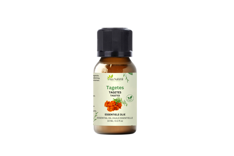 Flesje tagetes olie van Aza Natural, 10 ml, bruin glas met zwarte dop en een etiket met oranje afrikaantjes