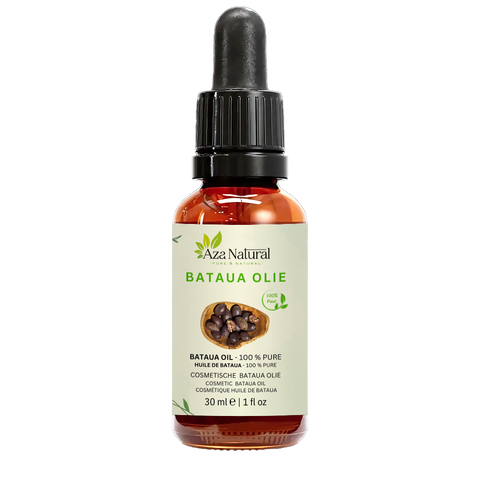 Fles bataua olie van Aza Natural, 30 ml, donker glas met pipet en een etiket met een houten schaal donkerpaarse palmvruchten