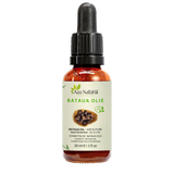 Flacon d’huile de bataua Aza Natural, 30 ml, verre foncé, pipette, étiquette avec un bol en bois de fruits de palmier violets