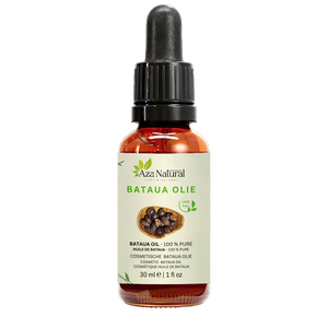Fles bataua olie van Aza Natural, 30 ml, donker glas met pipet en een etiket met een houten schaal donkerpaarse palmvruchten