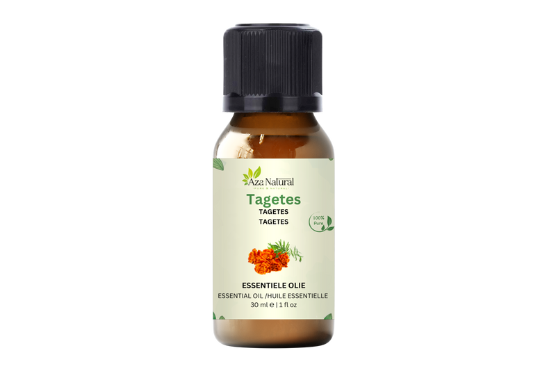 Tagetesöl 30 ml von Aza Natural, Fläschchen aus braunem Glas mit schwarzem Deckel, Etikett mit orangen Studentenblumen