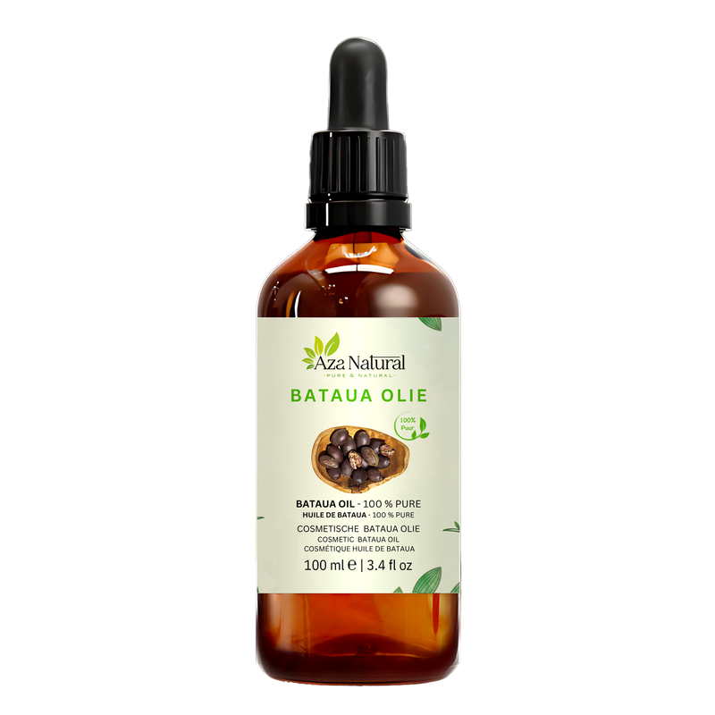 Batauaöl 100 ml von Aza Natural, dunkles Glas mit Pipette, Etikett mit einer Holzschale dunkelvioletter Palmfrüchte