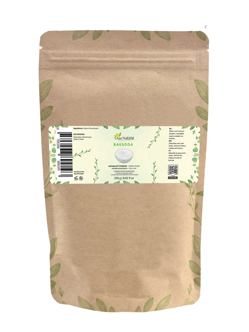 Baksoda 250 gram van Aza Natural, hersluitbare kraftzak met etiket Baksoda