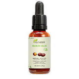 Flacon d’huile de buriti Aza Natural, 30 ml, verre foncé avec pipette et une étiquette avec des fruits de buriti brun-rouge