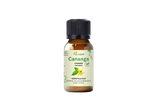Canangaöl 10 ml von Aza Natural, Fläschchen aus braunem Glas mit schwarzem Deckel und ein Etikett mit gelben Canangablüten