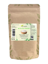Sachet d’argile blanche en poudre Aza Natural, 100 g, papier kraft avec zip, étiquette avec une coupelle de poudre blanche