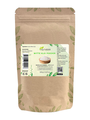 Beutel weiße Tonerde von Aza Natural, 100 g, Kraftpapier mit Zip und ein Etikett mit einem Schälchen weißem Pulver