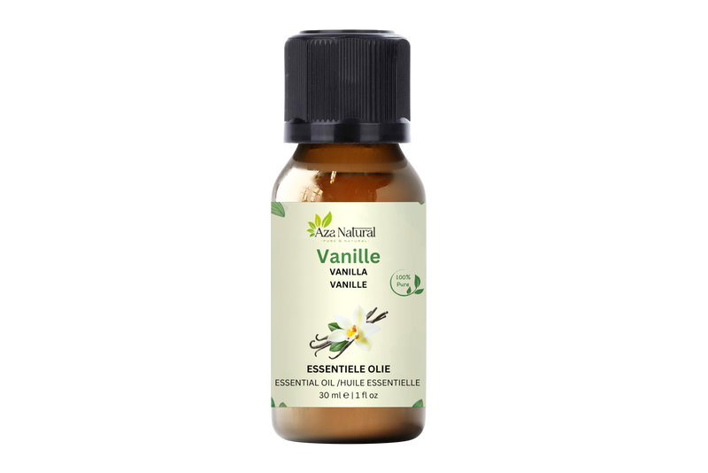 Vanilleöl 30 ml von Aza Natural, Fläschchen aus braunem Glas mit schwarzem Deckel, Etikett mit Vanilleblüte und Schoten