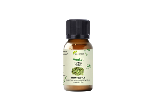 Flesje venkel olie van Aza Natural, 10 ml, bruin glas met zwarte dop en een etiket met groene venkelzaden