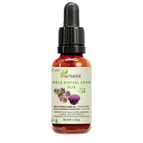 Flacon d’huile de chardon-Marie Aza Natural, 30 ml, verre foncé avec pipette, étiquette avec des fleurs de chardon pourpres