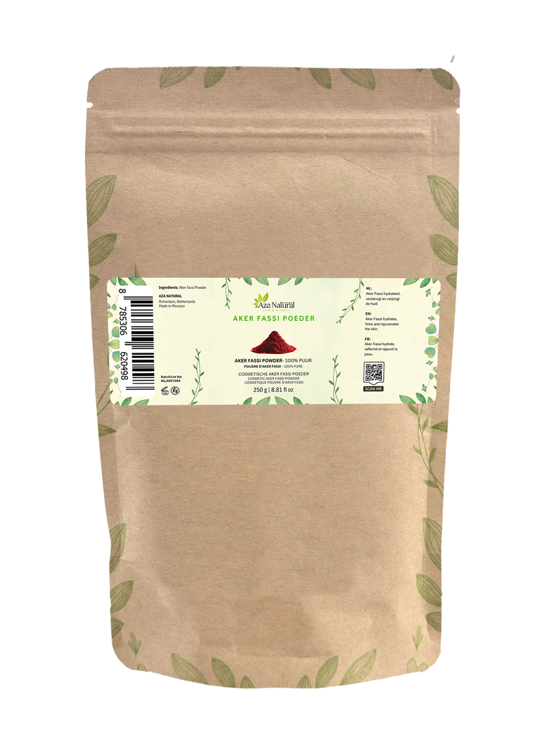 Beutel Aker Fassi Pulver von Aza Natural, 250 g, Kraftpapier mit Reißverschluss, Etikett mit einem Häufchen tiefrotem Pulver