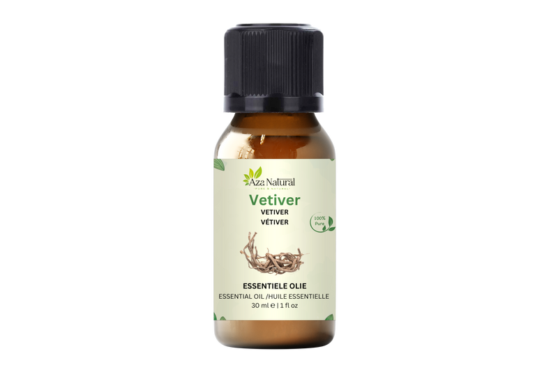Vetiveröl 30 ml von Aza Natural, Fläschchen aus Braunglas mit schwarzem Deckel und ein Etikett mit gezeichneter Vetiverwurzel