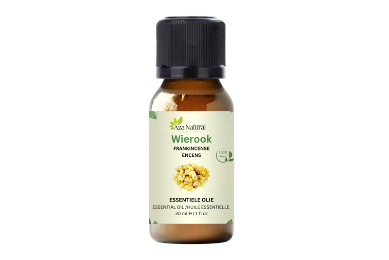Weihrauchöl 30 ml von Aza Natural, Fläschchen aus braunem Glas mit schwarzem Deckel, Etikett mit gezeichneten Harzkörnern