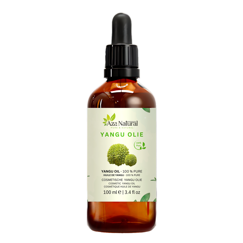 Yanguöl 100 ml von Aza Natural, dunkles Glas mit Pipette und ein Etikett mit den knubbeligen Früchten der Kapkastanie