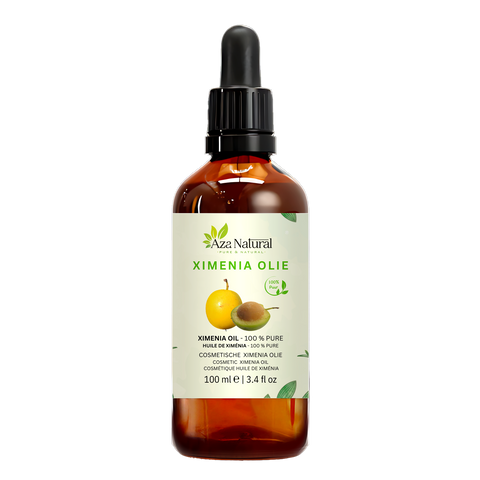 Ximenia olie 100 ml van Aza Natural, fles van donker glas met pipet en een etiket met een geeloranje zuurpruim en een pit