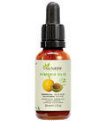 Fles ximenia olie van Aza Natural, 30 ml, donker glas met pipet en een etiket met een geeloranje zuurpruim en een pit