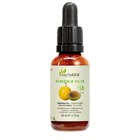 Fles ximenia olie van Aza Natural, 30 ml, donker glas met pipet en een etiket met een geeloranje zuurpruim en een pit
