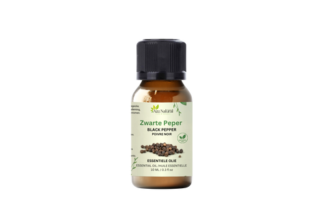 Flesje zwarte peper olie van Aza Natural, 10 ml, bruin glas met zwarte dop en een etiket met getekende peperkorrels