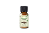 Flesje zwarte peper olie van Aza Natural, 10 ml, bruin glas met zwarte dop en een etiket met getekende peperkorrels