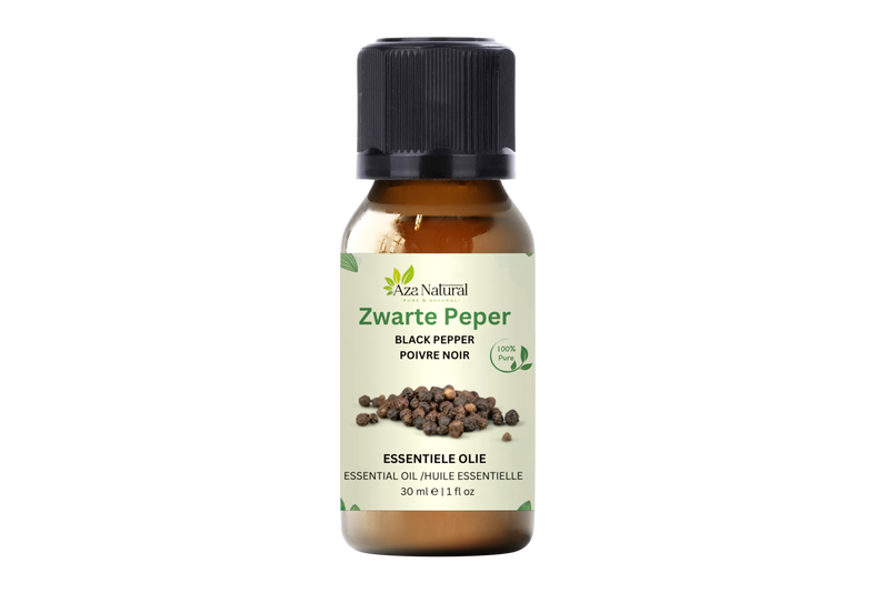 Schwarzer-Pfeffer-Öl 30 ml von Aza Natural, Braunglasfläschchen, schwarzer Deckel, Etikett mit gezeichneten Pfefferkörnern